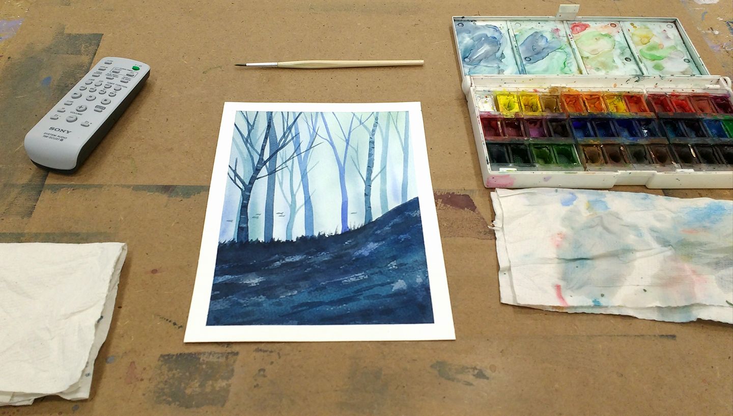 Bosco blu Acquerello su carta 18x24 cm 2017 con cornice bianca