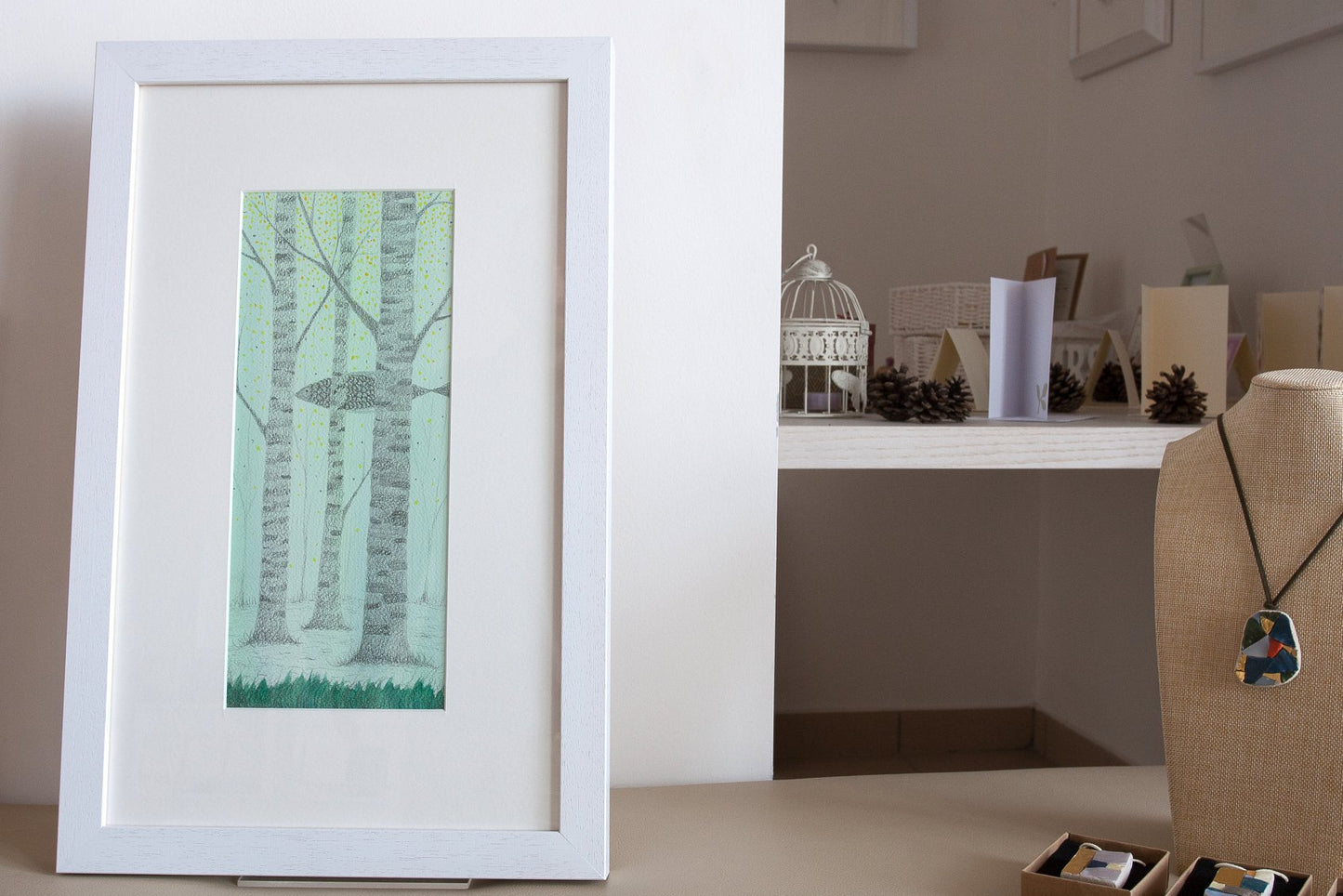 "Bosco" Acquerello e matita su carta 20x40 cm 2019 con cornice bianca