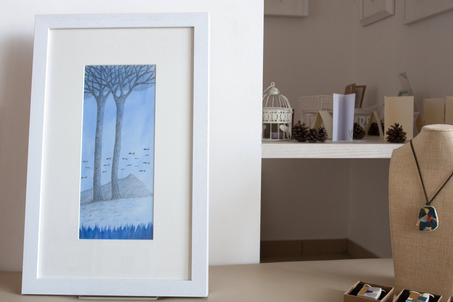 "Mediterraneo" Acquerello e matita su carta 20x40 cm 2019 con cornice bianca