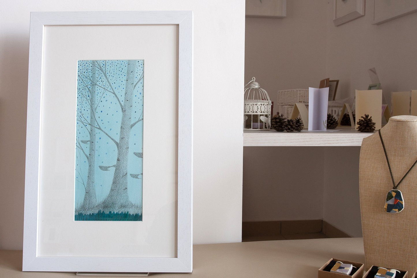 "Bosco" Acquerello e matita su carta 20x40 cm 2019 con cornice bianca