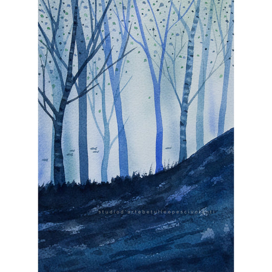 Bosco blu  Acquerello su carta 18x24 cm 2017 con cornice bianca