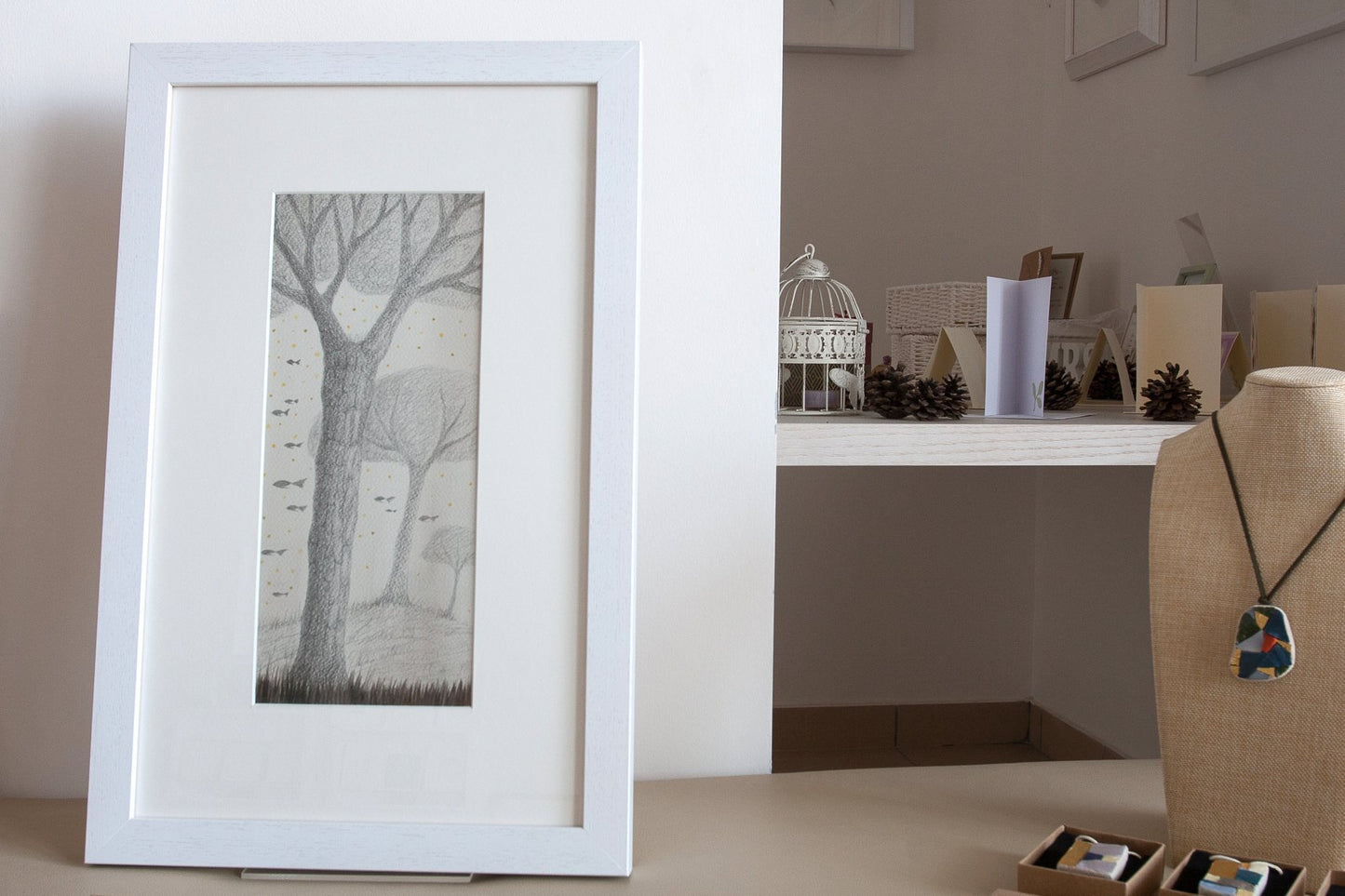 "Pini" Acquerello e matita su carta 20x40 cm 2019 con cornice bianca