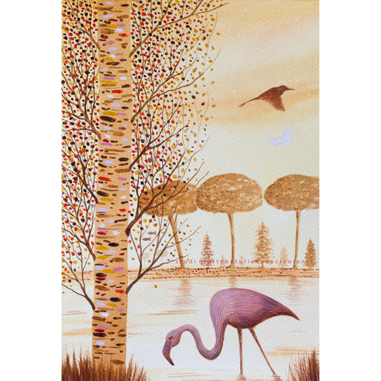 "Fenicottero" Acquerello su carta 18x25 cm 2023 con cornice legno naturale già inclusa