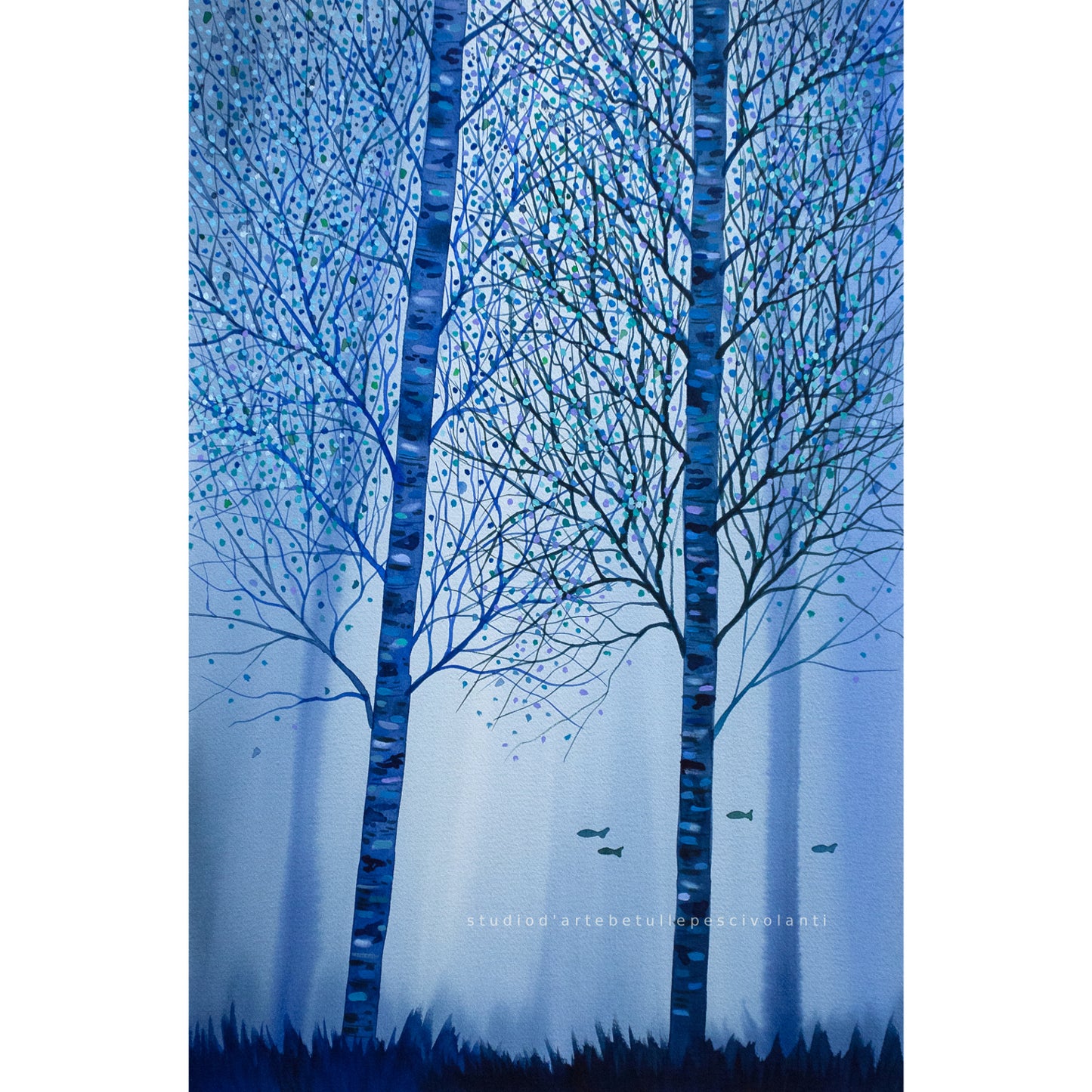 Flying Fish Acquerello su carta 35,5x51 cm 2022 con cornice bianca