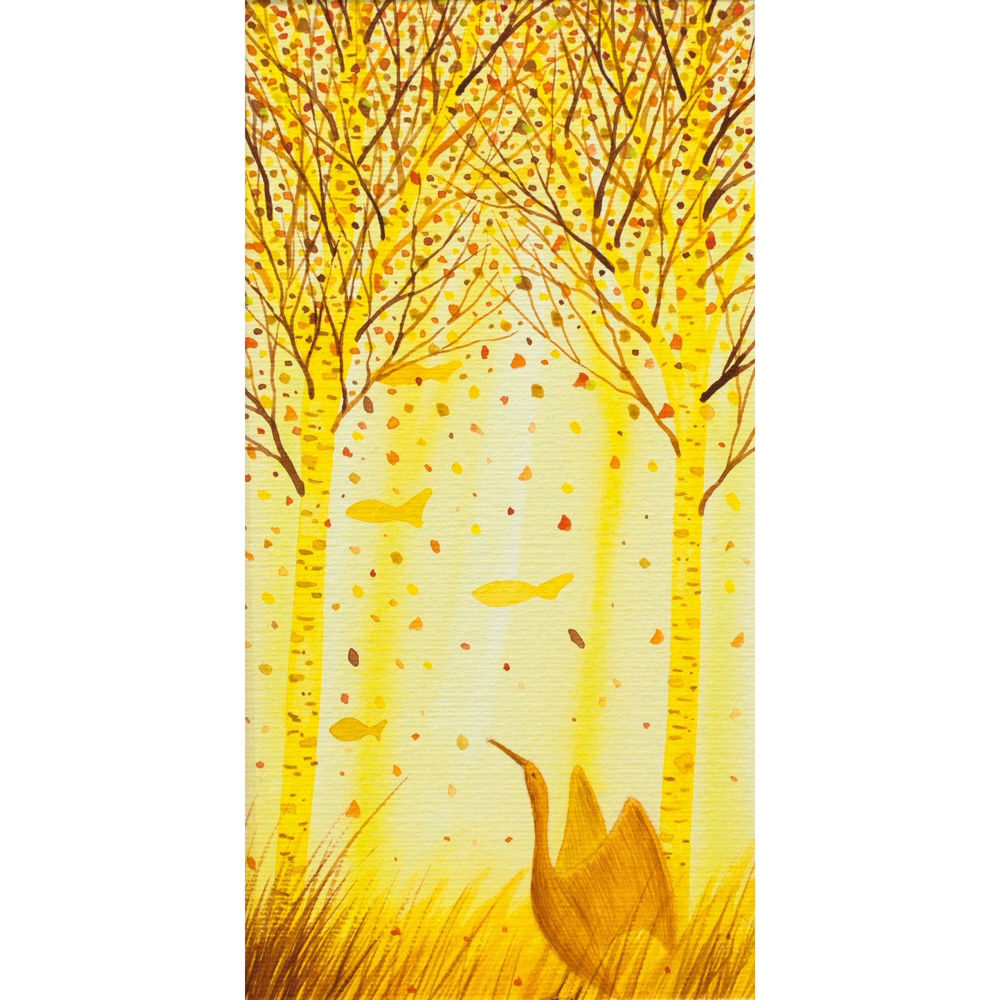 Acquerello con Bosco giallo 2025 Compreso di cornice bianca in legno